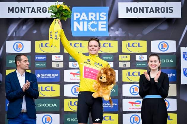 Paris Nice 2026 Stage 2 MONTARGIS, FRANCE - MARCH 09 : Lamperti Luke (USA) of EF Education EasyPost on the podium, Yellow jersey during stage 2 of the 84th edition of Paris - Nice an UCI World Tour 2.UWT cycling road race stage for Men Elite of 187 km with start in Epone and finish in Montargis on March 9, 2026 in Montargis, France, 09 03 2026 ( Motordriver Guy De Vuyst - Montargis France  Copyright: xNicoxVereeckenx