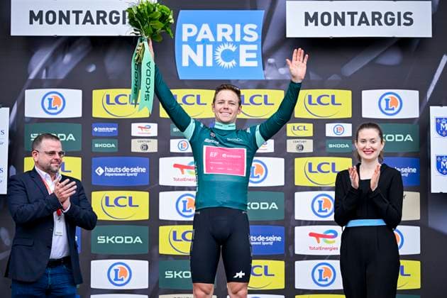 Paris Nice 2026 Stage 2 MONTARGIS, FRANCE - MARCH 09 : Lamperti Luke (USA) of EF Education EasyPost on the podium with the green jersey during stage 2 of the 84th edition of Paris - Nice an UCI World Tour 2.UWT cycling road race stage for Men Elite of 187 km with start in Epone and finish in Montargis on March 9, 2026 in Montargis, France, 09 03 2026 ( Motordriver Guy De Vuyst - Montargis France  Copyright: xNicoxVereeckenx