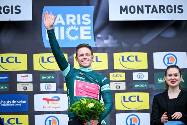 American Luke Lamperti of EF Education-EasyPost celebrates on the podium in the green points jersey the second stage of 84th edition of the Paris-Nice cycling race, 187 km from Epone to Montargis, Monday 09 March 2026. DAVIDxPINTENS  x166990567x