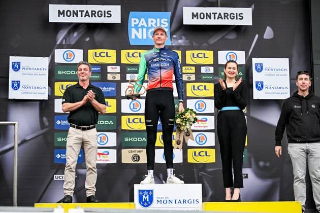Dutch Daan Hoole of Decathlon CMA CGM Team celebrates on the podium with the combativity award after the second stage of 84th edition of the Paris-Nice cycling race, 187 km from Epone to Montargis, Monday 09 March 2026. DAVIDxPINTENS  x166993237x