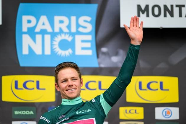 American Luke Lamperti of EF Education-EasyPost celebrates on the podium in the green points jersey the second stage of 84th edition of the Paris-Nice cycling race, 187 km from Epone to Montargis, Monday 09 March 2026. DAVIDxPINTENS  x166994141x