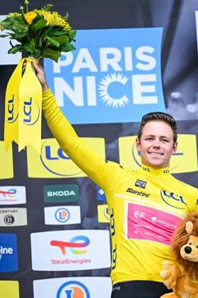 American Luke Lamperti of EF Education-EasyPost celebrates in the yellow jersey of leader in the overall ranking after the second stage of 84th edition of the Paris-Nice cycling race, 187 km from Epone to Montargis, Monday 09 March 2026. DAVIDxPINTENS  x166994154x