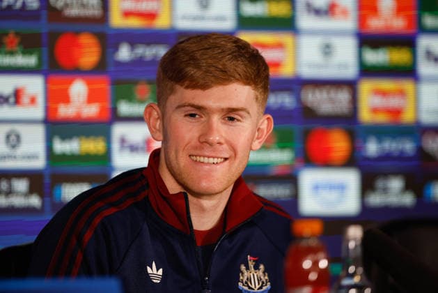Newcastle United Barcelona Press and Training Lewis Hall of Newcastle United press confrence during the Newcastle United Barcelona training session press conference, PK, Pressekonferenz at Newcastle United Training Centre, Benton, UK on 9 March 2026. Benton Newcastle United Training Centre Tyne and Wear UK Editorial use only , Copyright: xCraigxCowanx PSI-23866-0081