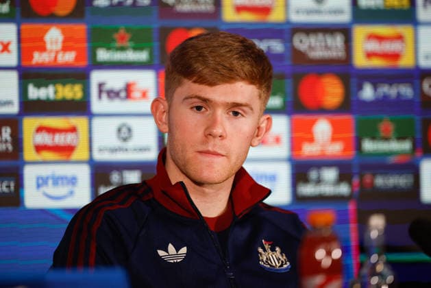 Newcastle United Barcelona Press and Training Lewis Hall of Newcastle United press confrence during the Newcastle United Barcelona training session press conference, PK, Pressekonferenz at Newcastle United Training Centre, Benton, UK on 9 March 2026. Benton Newcastle United Training Centre Tyne and Wear UK Editorial use only , Copyright: xCraigxCowanx PSI-23866-0087