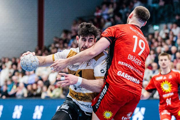 v l Doruk Pehlivan HC Elbflorenz 2006, 11 , Yannick Draeger TuS N Luebbecke, 19 GER, TuS N Luebbecke vs HC Elbflorenz 2006, Handball, 2 Bundesliga, Matchday 23, Season 2025 2026, 09 03 2026 GER, TuS N Luebbecke vs HC Elbflorenz 2006, Handball, 2 Bundesliga, Matchday 23, Season 2025 2026, 09 03 2026 Luebbecke Copyright: xEibner-Pressefoto JanxRollingerx EP_JSK