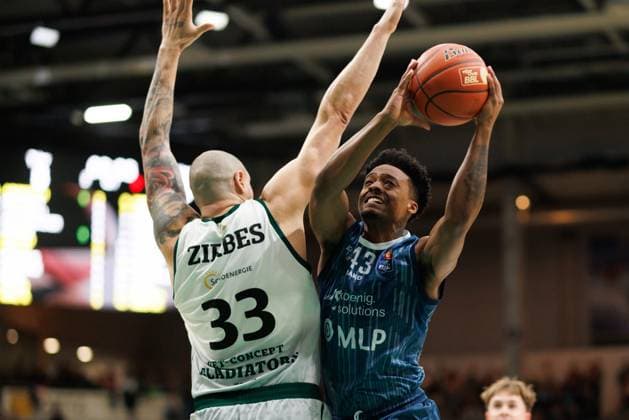 Kevin McClain MLP Academics Heidelberg 4 in duel with Maik Zirbes Gladiators Trier , Vet Concept Gladiators Trier vs MLP Academics Heidelberg, Basketball, easyCredit BBL, Matchday 23, Season 2025 2026, 09 03 2026 Vet Concept Gladiators Trier vs MLP Academics Heidelberg, Basketball, easyCredit BBL, Matchday 23, Season 2025 2026, 09 03 2026 Copyright: xEibner-Pressefoto AlexanderxNeisx EP_ANS
