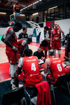 BB 2BL SBB Baskets BBC Bayreuth Coach Achmadschah Zazai SBB Baskets with team in timeout during the 2025 2026 season in the 2 Barmer Basketball Bundesliga Pro A on matchday 26 between SBB Baskets and BBC Bayreuth at Wolfgang Lakenmacher Halle on March 9, 2026 in Magdeburg, Saxony-Anhalt, Germany