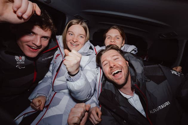PARALYMPICS - Winter Paralympics Milano Cortina 2026 CORTINA D AMPEZZO,ITALY,09.MAR.26 - PARALYMPICS - Paralympic Winter games, Winterspiele,Spiele, Summer games Milano Cortina 2026, Austria House, Kaernten-Abend. Image shows Johannes Aigner (AUT), Lilly Sammer (AUT), Veronika Aigner (AUT) and Nico Haberl (AUT).  GEPAxpictures xAlexanderxSolc