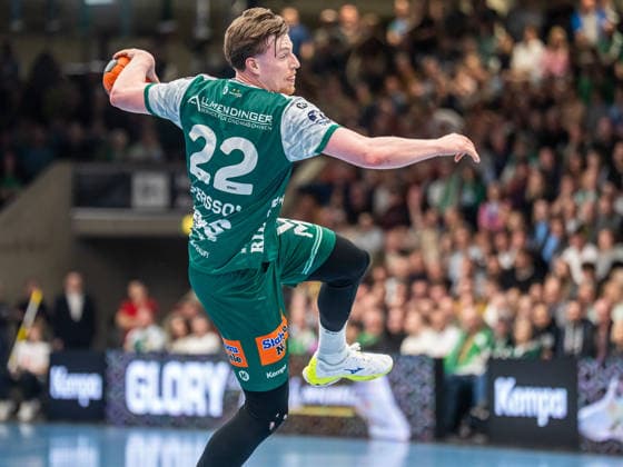Erik Persson Frisch Auf Goeppingen, 22 on the ball, Frisch Auf Goeppingen vs ThSV Eisenach, Handball, 1 Bundesliga, Men, Season 2025 2026, 09 03 2026, Frisch Auf Goeppingen vs ThSV Eisenach, Handball, 1 Bundesliga, Men, Season 2025 2026, 09 03 2026 Goeppingen Copyright: xEibner-Pressefoto MichaelxSchmidx EP_MST