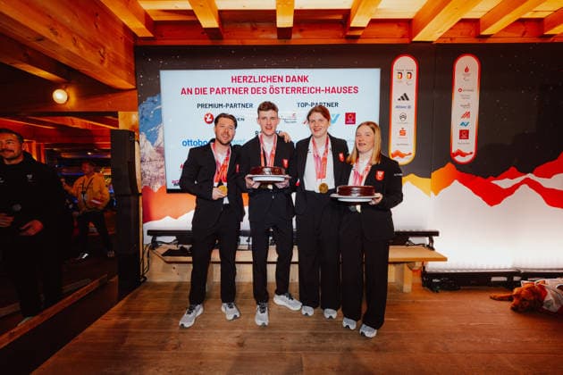 PARALYMPICS - Winter Paralympics Milano Cortina 2026 CORTINA D AMPEZZO,ITALY,09.MAR.26 - PARALYMPICS - Paralympic Winter games, Winterspiele,Spiele, Summer games Milano Cortina 2026, Austria House, Kaernten-Abend. Image shows Nico Haberl (AUT), Johannes Aigner (AUT), Veronika Aigner (AUT) and Lilly Sammer (AUT). Keywords: medal  GEPAxpictures xAlexanderxSolc