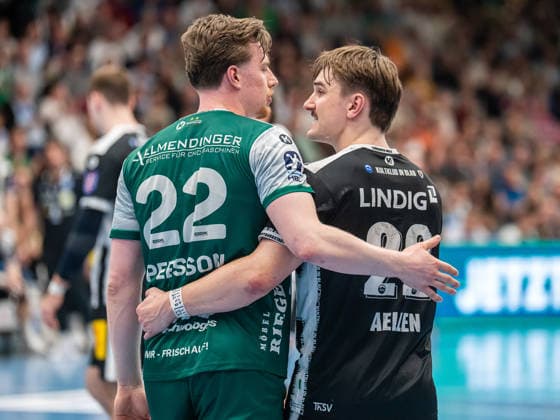 Erik Persson Frisch Auf Goeppingen, 22 and Felix Aellen ThSV Eisenach, 22 after a foul, Frisch Auf Goeppingen vs ThSV Eisenach, Handball, 1 Bundesliga, Men, Season 2025 2026, 09 03 2026, Frisch Auf Goeppingen vs ThSV Eisenach, Handball, 1 Bundesliga, Men, Season 2025 2026, 09 03 2026 Goeppingen Copyright: xEibner-Pressefoto MichaelxSchmidx EP_MST