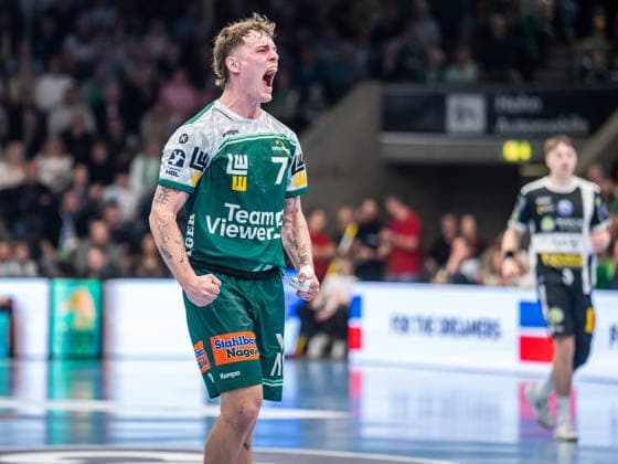 Victor Kloeve Frisch Auf Goeppingen, 07 cheers loudly, Frisch Auf Goeppingen vs ThSV Eisenach, Handball, 1 Bundesliga, Men, 2025 2026 season, 09 03 2026, Frisch Auf Goeppingen vs ThSV Eisenach, Handball, 1 Bundesliga, Men, 2025 2026 season, 09 03 2026 Goeppingen Copyright: xEibner-Pressefoto MichaelxSchmidx EP_MST
