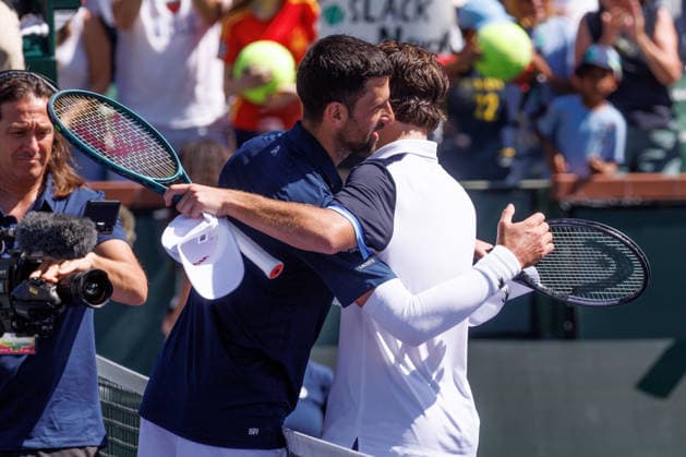 March 9, 2026: Novak Djokovic (SRB) and Aleksandar Kovacevic (USA) after their third round match at the BNP Paribas Open on March 9, 2026, held at the Indian Wells Tennis Garden in Indian Wells, California. Tennis 2026: BNP Paribas Open, March 9, 2026  - ZUMAc04_ 20260309_zma_c04_087 Copyright: xMalxTaamx
