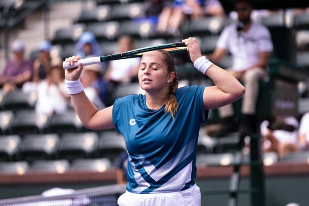 March 9, 2026: Jelena Ostapenko (LAT) reacts during the third round match against Jessica Pegula (USA) at the BNP Paribas Open on March 9, 2026, held at the Indian Wells Tennis Garden in Indian Wells, California. Indian Wells USA - ZUMAc04_ 20260309_zma_c04_111 Copyright: xMalxTaamx