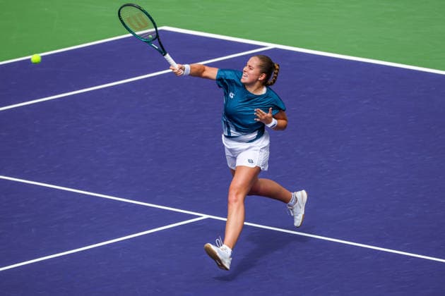 INDIAN WELLS, CA - MARCH 09: Jelena Ostapenko (LAT) hits a forehand during the BNP Paribas Open on March 9, 2026 at Indian Wells Tennis Garden in Indian Wells, CA. (Photo by George Walker Icon Sportswire) TENNIS: MAR 09 BNP Paribas Open EDITORIAL USE ONLY Icon260309035
