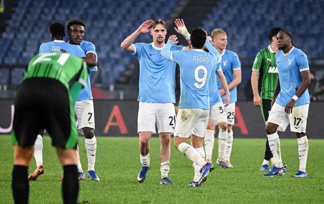 March 9, 2026, Rome, Italy: Players of Lazio celebrate the victory during the Serie A soccer match between SS Lazio and US Sassuolo at the Olimpico stadium in Rome, Italy, 9 March 2026. ANSA RICCARDO ANTIMIANI. Soccer: Serie A; Lazio Vs Sassuolo  - ZUMAa110 20260309_zaf_a110_043 Copyright: xRiccardoxAntimianix