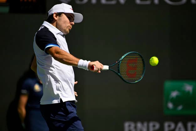 March 09, 2026 Aleksandar Kovacevic returns a shot against Novak Djokovic (SRB) during their second round match at the BNP Paribas Open held at the Indian Wells Tennis Garden in Indian Wells, California. California. Mandatory Photo Credit : CSM Indian Wells United States of America - ZUMAc04_ 20260309_zma_c04_163 Copyright: xCharlesxBausx