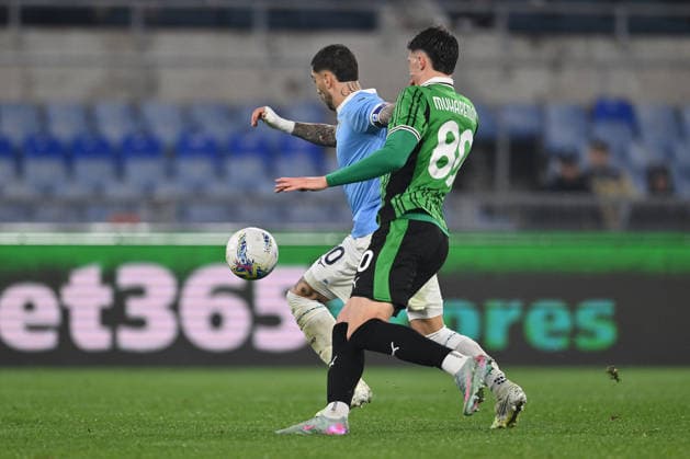 Mattia Zaccagni of S.S. Lazio and Tarik Muharemovic of U.S. Sassuolo are in action during the 28th matchday of the Serie A championship between S.S. Lazio and U.S. Sassuolo at the Olympic Stadium on March 9, 2026 in Rome, Italy.  Copyright: xDomenicoxCippitelli IPAxSportx xipa-agency.netx xx IPA_72643480 IPA_Agency_IPA72643480