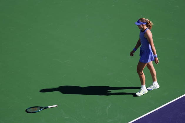 March 9, 2026: Mirra Andreeva reacts during the third round match against Katerina Siniakova (CZE) at the BNP Paribas Open on March 9, 2026, held at the Indian Wells Tennis Garden in Indian Wells, California. Tennis 2026: BNP Paribas Open, March 9, 2026  - ZUMAc04_ 20260309_zma_c04_174 Copyright: xMalxTaamx