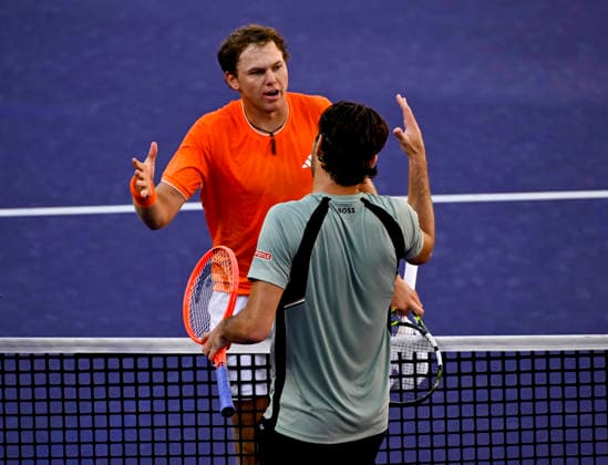 March 09, 2026 Alex Michelsen shakes hands with Taylor Fritz after their third round match at the BNP Paribas Open held at the Indian Wells Tennis Garden in Indian Wells, California. California. Mandatory Photo Credit : CSM Indian Wells United States of America - ZUMAc04_ 20260309_zma_c04_235 Copyright: xCharlesxBausx