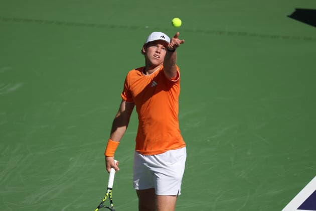 INDIAN WELLS, CA - MARCH 09: Alex Michelsen (USA) serves during the BNP Paribas Open on March 9, 2026 at Indian Wells Tennis Garden in Indian Wells, CA. (Photo by George Walker Icon Sportswire) TENNIS: MAR 09 BNP Paribas Open EDITORIAL USE ONLY Icon260309083