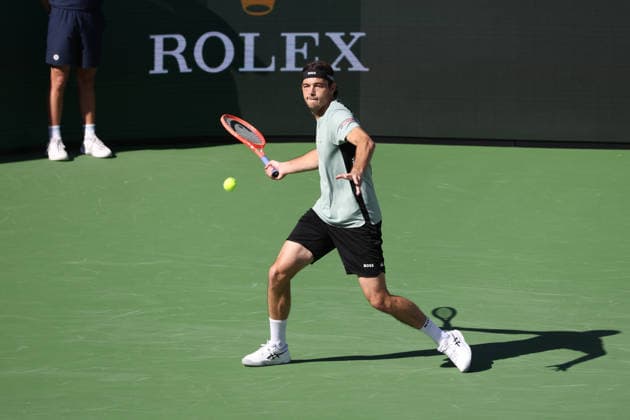 INDIAN WELLS, CA - MARCH 09: Taylor Fritz (USA) hits a forehand during the BNP Paribas Open on March 9, 2026 at Indian Wells Tennis Garden in Indian Wells, CA. (Photo by George Walker Icon Sportswire) TENNIS: MAR 09 BNP Paribas Open EDITORIAL USE ONLY Icon260309091