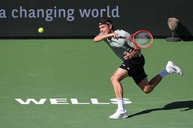 INDIAN WELLS, CA - MARCH 09: Taylor Fritz (USA) hits a forehand during the BNP Paribas Open on March 9, 2026 at Indian Wells Tennis Garden in Indian Wells, CA. (Photo by George Walker Icon Sportswire) TENNIS: MAR 09 BNP Paribas Open EDITORIAL USE ONLY Icon260309094