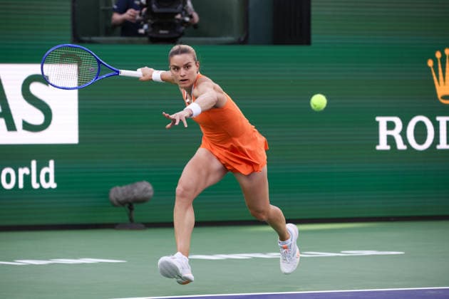 INDIAN WELLS, CA - MARCH 09: Maria Sakkari (GRE) hits a forehand during the BNP Paribas Open on March 9, 2026 at Indian Wells Tennis Garden in Indian Wells, CA. (Photo by George Walker Icon Sportswire) TENNIS: MAR 09 BNP Paribas Open EDITORIAL USE ONLY Icon260309149