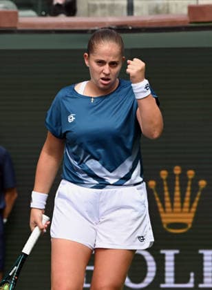 INDIAN WELLS, CA - MARCH 09: Jelena Ostapenko (LAT) reacts after winning a point during a WTA, Tennis Damen tennis match during the BNP Paribas Open played on March 9, 2026 at the Indian Wells Tennis Garden in Indian Wells, CA. (Photo by John Cordes Icon Sportswire) TENNIS: MAR 09 BNP Paribas Open EDITORIAL USE ONLY Icon506260309008