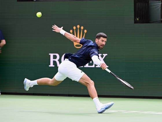 INDIAN WELLS, CA - MARCH 09: Novak Djokovic (SRB) returns the ball during an ATP, Tennis Herren tennis match during the BNP Paribas Open played on March 9, 2026 at the Indian Wells Tennis Garden in Indian Wells, CA. (Photo by John Cordes Icon Sportswire) TENNIS: MAR 09 BNP Paribas Open EDITORIAL USE ONLY Icon506260309026