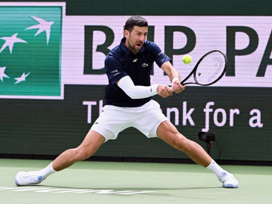 INDIAN WELLS, CA - MARCH 09: Novak Djokovic (SRB) returns the ball during an ATP, Tennis Herren tennis match during the BNP Paribas Open played on March 9, 2026 at the Indian Wells Tennis Garden in Indian Wells, CA. (Photo by John Cordes Icon Sportswire) TENNIS: MAR 09 BNP Paribas Open EDITORIAL USE ONLY Icon506260309028