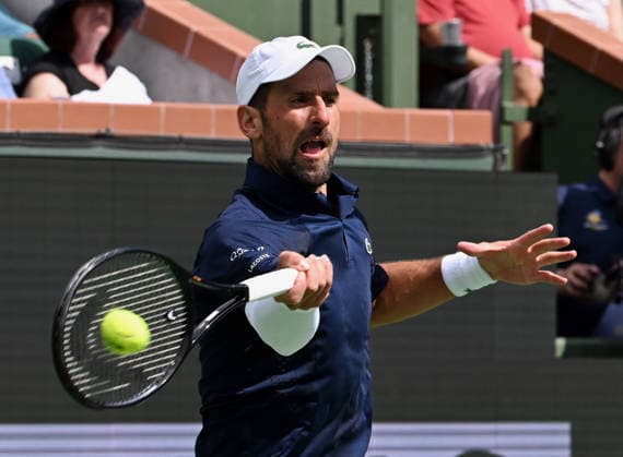 INDIAN WELLS, CA - MARCH 09: Novak Djokovic (SRB) returns the ball during an ATP, Tennis Herren tennis match during the BNP Paribas Open played on March 9, 2026 at the Indian Wells Tennis Garden in Indian Wells, CA. (Photo by John Cordes Icon Sportswire) TENNIS: MAR 09 BNP Paribas Open EDITORIAL USE ONLY Icon506260309038