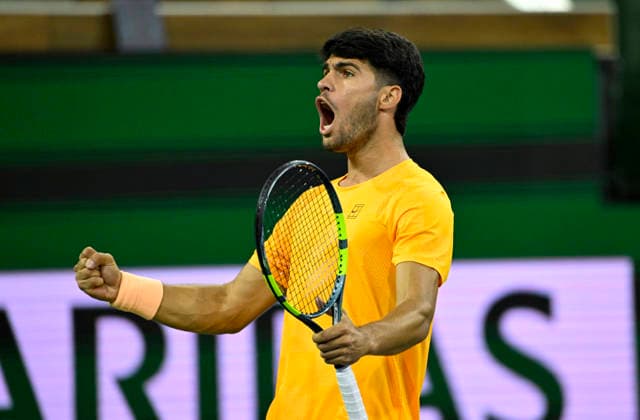 March 09, 2026 Carlos Alcaraz (ESP) reacts to winning a point against Arthur Rinderknech (FRA) during their third round match at the BNP Paribas Open held at the Indian Wells Tennis Garden in Indian Wells, California. California. Mandatory Photo Credit : CSM Indian Wells United States of America - ZUMAc04_ 20260309_zma_c04_264 Copyright: xCharlesxBausx