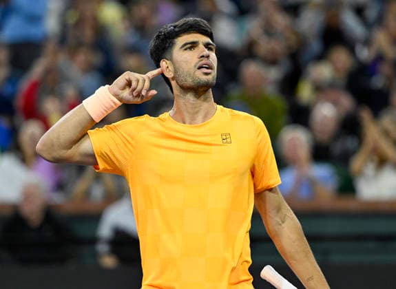 March 09, 2026 Carlos Alcaraz (ESP) reacts to winning a point against Arthur Rinderknech (FRA) during their third round match at the BNP Paribas Open held at the Indian Wells Tennis Garden in Indian Wells, California. California. Mandatory Photo Credit : CSM Tennis 2026: BNP Paribas Open MAR 09  - ZUMAc04_ 20260309_zma_c04_260 Copyright: xCharlesxBausx