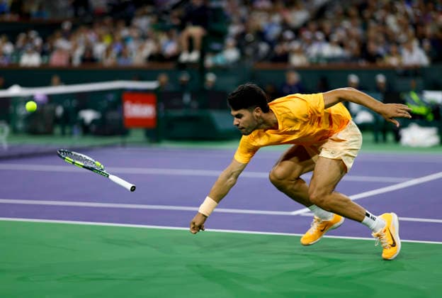 March 09, 2026 Carlos Alcaraz (ESP) attempts to return a shot against Arthur Rinderknech (FRA) during their third round match at the BNP Paribas Open held at the Indian Wells Tennis Garden in Indian Wells, California. California. Mandatory Photo Credit : CSM Tennis 2026: BNP Paribas Open MAR 09  - ZUMAc04_ 20260309_zma_c04_288 Copyright: xCharlesxBausx