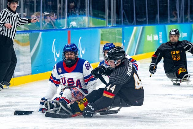 Para Ice hockey, Eishockey - Millano Cortina 2026 Winter Paralympics: Day 3 - GER-USA Para Ice Hockey - Milano Cortina 2026 Winter Paralympics: Day 3 MILANO SANTAGIULIA ICE HOCKEY ARENA MILANO, ITALY - MARCH 9: Preliminary Round - Group A Germany - United States BRELAGE Jan Malte (No. 44, Athlet, Defender, 30.09.1998, Club Hannover Ice Lions) Impressions of Team Para Ice Hockey Germany playing Team USA at March 9 at the Milano Cortina 2026 Winter Paralympics Para Ice Hockey Tournament in the Milano Santagiulia Ice Hockey Arena at day 3. (Photo by RALF KUCKUCK) Copyright 2026 Ralf Kuckuck