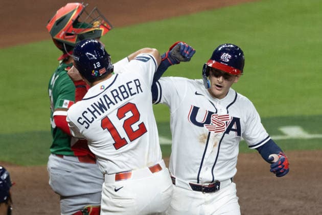 Roman Anthony (R) of the United States celebrates with teammate Kyle Schwarber after hitting a home run in a World Baseball Classic game between the United States and Mexico at Daikin Park in Houston, United States, 09 March 2026. World Baseball Classic: United States vs Mexico !ACHTUNG: NUR REDAKTIONELLE NUTZUNG!  Copyright: xCarlosxRamírezx AME2497 20260310-55019646352_1