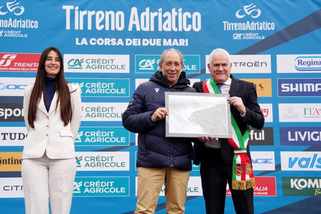 RCS Stefano Allocchio and Mayor of Camaiore Marcello Pierucci during the 206-kilometer Stage 2 of the Tirreno-Adriatico cycling race from Camaiore to San Gimignano - Italy - Tuesday, March 10, 2026. Sport - cycling .  Copyright: xMassimoxPaolone LaPressex