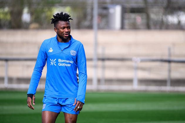 LEVERKUSEN, GERMANY - 10 MARCH, 2026: Edmond Tapsoba - Practice. The match of UEFA Champions League Bayer Leverkusen vs Arsenal London at BayArena.  Copyright: xVitaliixKliuievx