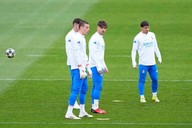 March 10, 2026, Valdebebas, Madrid, Spain: Andriy Lunin, Raul Asencio and Brahim Diaz during the training day of Real Madrid ahead the UEFA Champions League 2025 26, Round of 16 first leg, football match against Manchester City at Ciudad Deportiva Real Madrid on March 10, 2026, in Valdebebas, Madrid, Spain. Real Madrid Training And press conference, PK, Pressekonferenz - UEFA Champions League 2025 26 Round Of 16 First Leg - ZUMAa181 20260310_zaa_a181_001 Copyright: xOscarxJ.xBarrosox