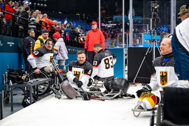 Para Ice hockey, Eishockey - Millano Cortina 2026 Winter Paralympics: Day 4 Para Ice Hockey - Milano Cortina 2026 Winter Paralympics: Day 4 MILANO SANTAGIULIA ICE HOCKEY ARENA MILANO, ITALY - MARCH 10: Preliminary Round - Group A Italy - Germany HERING Bernhard (No. 43, Athlet, Forward, 20.02.1992, Club Dresdner Eisloewen), RENNHACK Frank (No. 8, Athlet, Forward, 12.10.1989, Club Dresdner Eisloewen), PILZ Christian (No. 83, Athlet, Defender, 21.05.1963, Club Dresdner Eisloewen) and STUMPE Sven (No. 55, Athlet, Defender, 13.06.1975, Club Grizzlys Bergkamen) from left to right Impressions of Team Para Ice Hockey Germany playing Team ITA at March 10 at the Milano Cortina 2026 Winter Paralympics Para Ice Hockey Tournament in the Milano Santagiulia Ice Hockey Arena at day 4. (Photo by RALF KUCKUCK) Copyright 2026 Ralf Kuckuck