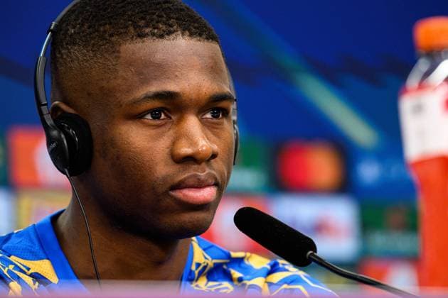 LEVERKUSEN, GERMANY - 10 MARCH, 2026: Christian Kofane - press conference, PK, Pressekonferenz The match of UEFA Champions League Bayer Leverkusen vs Arsenal London at BayArena.  Copyright: xVitaliixKliuievx