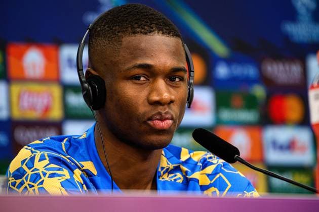 LEVERKUSEN, GERMANY - 10 MARCH, 2026: Christian Kofane - press conference, PK, Pressekonferenz The match of UEFA Champions League Bayer Leverkusen vs Arsenal London at BayArena.  Copyright: xVitaliixKliuievx