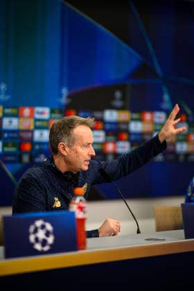 LEVERKUSEN, GERMANY - 10 MARCH, 2026: Kasper Hjulmand - press conference, PK, Pressekonferenz The match of UEFA Champions League Bayer Leverkusen vs Arsenal London at BayArena.  Copyright: xVitaliixKliuievx