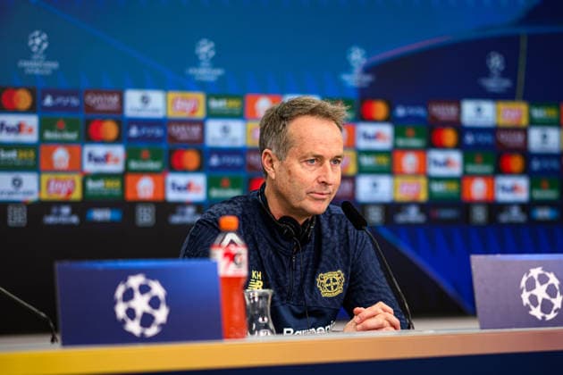 LEVERKUSEN, GERMANY - 10 MARCH, 2026: Kasper Hjulmand - press conference, PK, Pressekonferenz The match of UEFA Champions League Bayer Leverkusen vs Arsenal London at BayArena.  Copyright: xVitaliixKliuievx