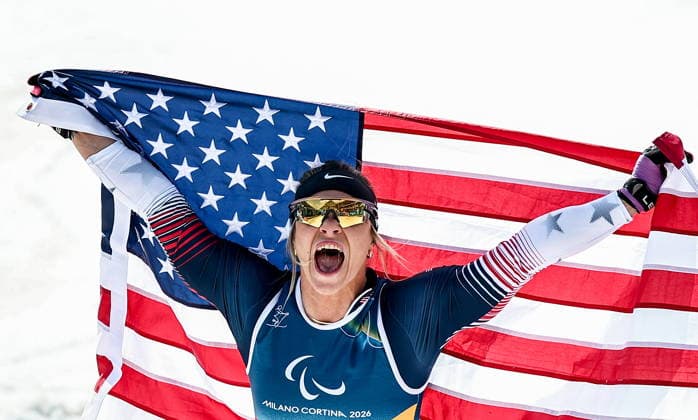 ITALY, TESERO - MARCH 10, 2026: Oksana Masters of the USA celebrates winning a women s para cross-country skiing sitting sprint final at Tesero Cross-Country Stadium during the 2026 Winter Paralympic Games 2026 Winter Paralympics: Para Cross-Country Skiing  - ZUMAt113 20260310_zaa_t113_134 Copyright: xMikhailxTereshchenkox