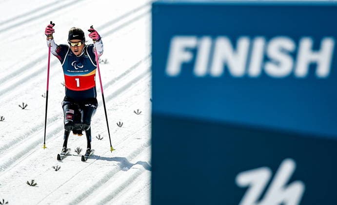 ITALY, TESERO - MARCH 10, 2026: Oksana Masters of the USA finishes a women s para cross-country skiing sitting sprint final at Tesero Cross-Country Stadium during the 2026 Winter Paralympic Games 2026 Winter Paralympics: Para Cross-Country Skiing  - ZUMAt113 20260310_zaa_t113_135 Copyright: xMikhailxTereshchenkox