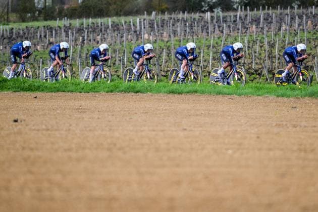 Pinarello Q36.5 Pro Cycling Team riders pictured in action during the third stage of 84th edition of the Paris-Nice cycling race, a team time trial from Cosne-Cours-sur-Loire to Pouilly-sur-Loire (23,5 km), on Tuesday 10 March 2026. DAVIDxPINTENS  x167053355x