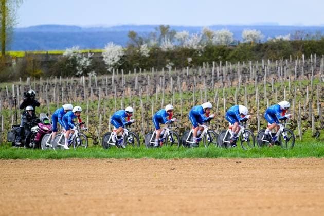 Groupama-FDJ riders pictured in action during the third stage of 84th edition of the Paris-Nice cycling race, a team time trial from Cosne-Cours-sur-Loire to Pouilly-sur-Loire (23,5 km), on Tuesday 10 March 2026. DAVIDxPINTENS  x167053695x