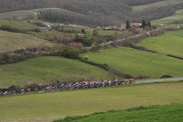 The pack rides during the 206-kilometer Stage 2 of the Tirreno-Adriatico cycling race from Camaiore to San Gimignano - Italy - Tuesday, March 10, 2026. - cycling .  Copyright: xMarcoxAlpozzi LaPressex